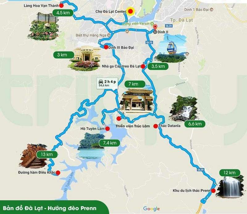 Bản đồ di chuyển tới thác Prenn và một số địa điểm nội bật