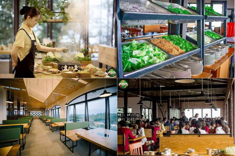 Quầy rau buffet và gian ăn có cửa kính lớn của nhà hàng Léguda Đà Lạt