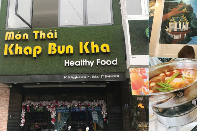 Mặt tiền quán món Thái Khap Bun Kha ở 26 Nguyễn Văn Cừ Đà Lạt và nồi lẩu Thái